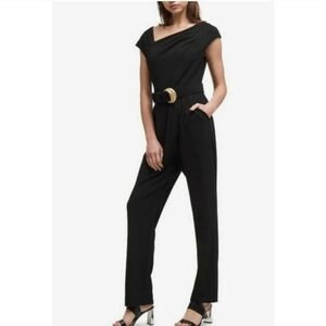 DKNY Black Jumpsuit with Asymmetrical Neckline Belted Two Pockets Size 2